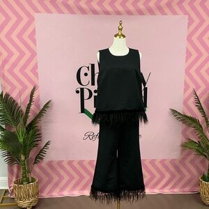 Black Feather-Trim Sleeveless Top & Wide-Leg Pant Set